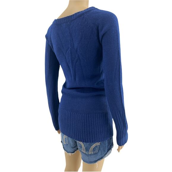 Ambiance SMALL Y2K Navy Blue Tunic Knit Long Sleeve V-Neck Sweater - Picture 4 of 5